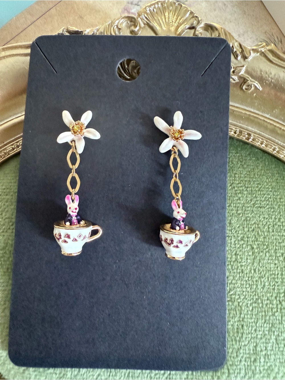 Gold Daisy Drop Earrings with White Teacups & Pink Bunny Accents